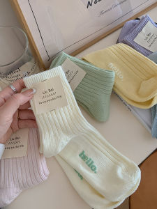 Pure Color Socks for Women Spring Summer Pure Cotton Ins Tide South Korea Japanese Style Thick Thread White Sport Letters Thin Mid-Calf Length Socks