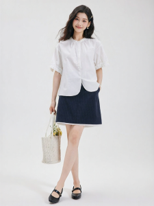 White Summer Short Sleeve French Style Shirt for Women