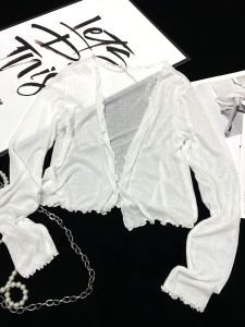 Summer Short Sleeve Long Coat Womens Pure Color Slimming Outerwear Sun Protection Wood Grain Edge Cardigan Fashionable Top