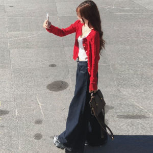 Quần Jeans Denim Xanh Đậm Cạp Cao Ống Rộng Ôm Dáng Dài 180 Cm Phong Cách Retro Cho Nữ Quần Dài Đến Sàn Có Túi