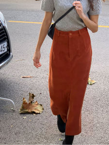 กระโปรงทรงเอผ้าคอร์ดูรอยเอวสูงทรงเอยาวปานกลางสำหรับผู้หญิง สีสันสดใส ฤดูใบไม้ร่วง/ฤดูหนาว กระโปรงทรงเอแบบสวมหัวสีเหลืองแดง