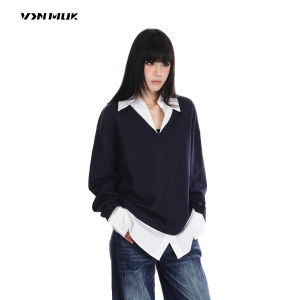 Vin Muk Autumn Casual Long Sleeve Polo Collar Shirt Mens Contrast Color Block Cotton Polyester Spandex Loose Fit Basic Top