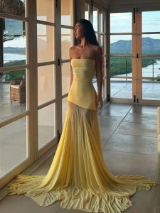 Weird Puss Patchwork See Through Dress Women Elegant Solid Pleated Strapless Sleeveless Backless Slim Banquet Party Vestidos