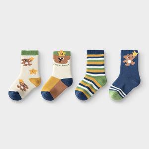 BalaOne Baby Socks Winter Childrens Fleece Warm Cotton Four Pairs Cute Short Socks Casual Style Short Tube Height Cotton Blend