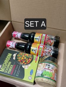 PRODUK CHEF USTAZAH SET RAHMAHSOS IKANKICAP SOTONGMUSHROOM SEAONING/SUPGARLIC SPREAD BRDKICAP CHAR KTWSAMBALBILIS