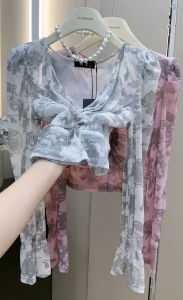 เสื้อเชิ้ตแขนยาวคอวีทรงเข้ารูปสไตล์ฝรั่งเศสย้อนยุคสำหรับผู้หญิงในฤดูใบไม้ผลิและฤดูร้อน ดีไซน์แขนพองลายดอกไม้ เสื้อเชิ้ตแฟชั่น