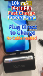 Kuhoo Black Mini Cute Fast Charge Portable Power Bank 22.5W Super Lipstick Size Capsule Powerbank 10K 10000 mAh Plug Stand for iPhone 14 13 12 11 10 9 X Pro Max Plus
