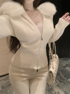 GUZILIAN | Sweet Girl Feel Faux Fur Collar Hooded Soft Cozy Knitted Sweater Jacket Winter White Warm Slim Fit Womens Open Cardigan Coat