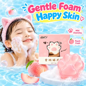 BUY 1 TAKE 1 Cute Peach Cat Paw Soap 75g Mild Gentle Cleansing Kids Face Body Soap Fresh Peach Scent Safe For Sensitive Skin Daily Bath Wash Acne-Removing Whitening Moisturizing And Skin-Care Use By Children Aged 3 And Above And Adults Free Foaming Net