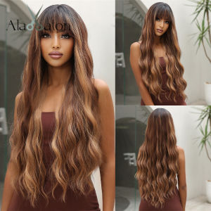 ALAN EATON | ALAN EATON Brown Highlight Synthetic Wigs with Bangs for Black Women Long Ombre Honey Brown Wave Wig Heat Resistant Hair Natural