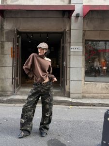 Tristine Fashion Camouflage Wide Leg Work Pants Women Loose Slimming Drawstring Drapey Versatile Floor-Length Trousers