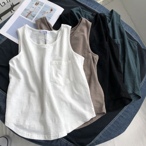 Basic Style Pocket Slub Cotton Fitness Sports Vest: Women's Summer Outwear Tide Loose I-Shaped Sleeveless Inner Match Bottoming Shirt