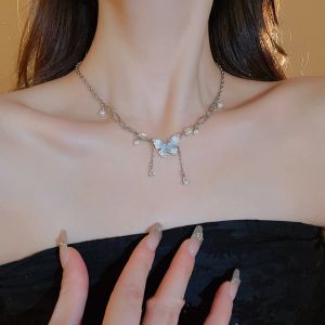 KANCAI คริสตัลผีเสื้อจี้สร้อยคอผู้หญิงแฟชั่นไทเทเนียมเหล็กโซ่ฝังอัญมณีประดิษฐ์