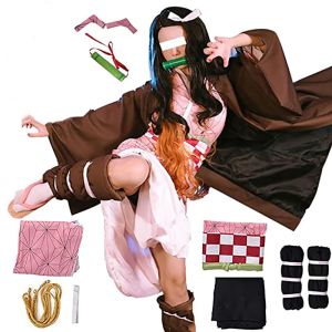 Anime Demon Slayer Kimetsu No Yaiba Kamado Nezuko Cosplay Costumes Kimono Wig for Women Kids Girls on Sale Halloween Pretend Costumes