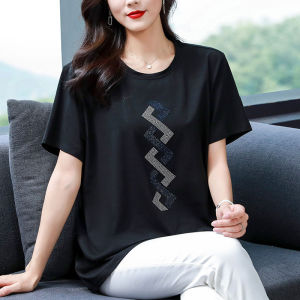 Mom Summer Clothes Plus Size Pure Cotton Short Sleeve T-Shirt Womens Mid Length Long Length 100.00kg Middle-Aged and Elderly Womens Clothing Slim Looking Belly-Covering Coat