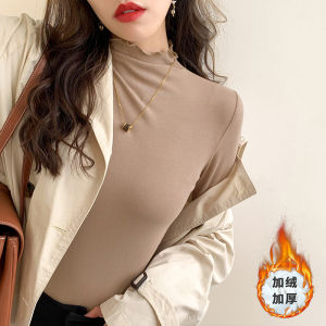 Womens Long Sleeve Modal Base Shirt Half High Collar Tunic Top Spring Autumn Winter Fleece Lined White Inner Wear Fashion