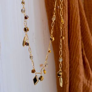 Original Design Long Autumn Winter Brown Tiger Eye Stone Beaded Sweater Necklace Bracelet Set Fashionable Titanium Steel Chain