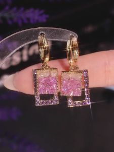 Elegant Purple Crystal Geometric Square Earrings Womens Fashion Simple Match Trendy Jewelry Hoops Alloy Plated Silver Gold