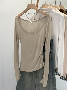 Low round Neck Long Sleeve T-Shirt Womens Spring Summer Lightweight Asymmetrical Pleated Silk Soft Casual Style Top