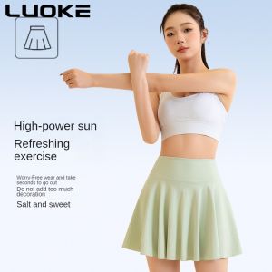 Louke Summer Slim Loose Sports Shorts with pockets Womens Fast Dry and Fake Two-piece Short Skirt Anti Glare Tennis Running Fitness Yoga Suit