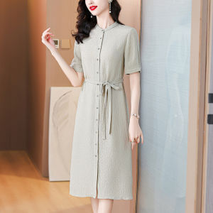 MAIMEI | Elegant Pure Color Maxi Dress Fashionable Young Summer Wear Womens Stand Collar Skirt Mommy Style 40 Years Old Gracious