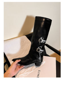 Black Leather Knight Boots Womens Autumn Winter High Top Pointed Toe Belt Buckle Booties Thick Heel Long Tube Shoes for plus Size
