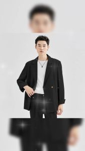 Sale 91% ชุดเซ็ตสูทผู้ชาย สีดำ เสื้อสูทแขนยาวพร้อมกางเกงขาเก้าส่วนสไตล์เกาหลี มีฟองน้ำรองบ่า มีกระดุมและกระเป๋าหน้า