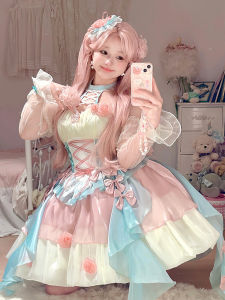 Tea Rose Contract Pink Blue Lolita Hanging Neck Dress Womens Style Princess Costume Adult Ceremony Frock Skirt Skater Dress