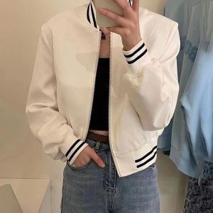 Fashionable Short Baseball Jacket Womens Spring Autumn Casual Sporty Outerwear Cleanfit Style 70% Cotton Other Material 30%