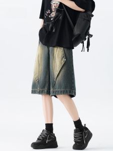 Quần Short Denim Nam Mùa Hè Thời Trang Cổ Điển Mỹ Five-Point Quần Áo Bảo Hộ Lao Động Cài Nút Cấu Trúc Gỗ Quần Short Nam