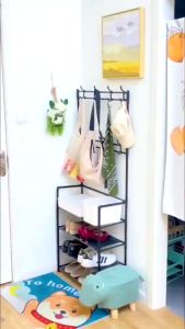 LIVABLE 4 Layer Shoe Hat Rack Stainless Steel Floor Coat Rack Multifunctional Shoe Rack Storage Organizer with Hooks