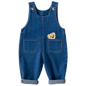 Cute Cartoon Baby Jeans Suspenders Pants for One Year Old Boy Straight Leg Long Trousers Fashionably Cool Spring Autumn Wear