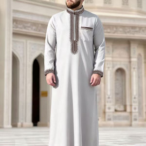 Moroccan mens thobe long sleeve ethnic style embroidered stand collar zipper design Muslim mens fashionable Abaya Arabic fest