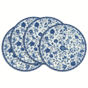 VIKAMA 4PC Bộ Thảm Trải Bàn Hoa Và Chim Màu Xanh Lam Mingke Bộ Sưu Tập Trung Quốc Bàn Ăn Trang Trí Phòng Trà Polyester Không Dệt Dễ Dàng Chăm Sóc Chống Mài Mòn