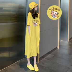 Pure Cotton Summer Long Dress Womens Loose Knee-Length Short-Sleeve T-Shirt Dress Casual Anti-Aging Long Skirt