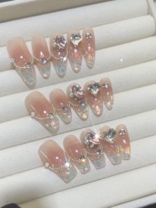 Easy to Remove Long Nail Art Stickers Big Diamond Brightening Mirror Powder Middle Length Easy to Wear Nail Tips Chinese Brand