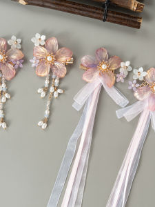 Princess Style Childrens Ancient Chinese Purple Smoke Encircling Powder Hair Accessories Set Hair Crown Hair Clips Flowing Ribbon