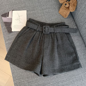 กางเกงขาสั้นผ้าขนสัตว์สีเทาสำหรับผู้หญิง กางเกงขายาวทรงเอ กางเกงขายาวทรงหลวม กางเกงขายาวทรงหลวม ฤดูใบไม้ร่วง/ฤดูหนาว 2025 ใหม่