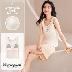 Miiow | Ice Silk Sleepwear Womens Sleeveless Hooded Vest Wide Strap Chest Pad Cover Side Breast Home Leisure Suit Round Neck Short Sleeve