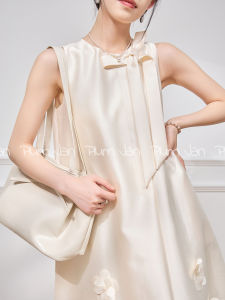 Elegant White French Style Dress Womens Summer A-Line SweetOrSalty High Waist Gored Skirt H-Shape Slim Fit round Neckline