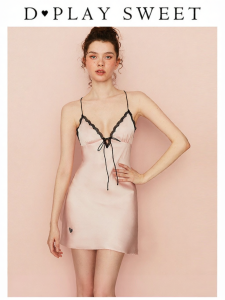 French Sweet Pink Satin Lace Back Camisole Nightgown