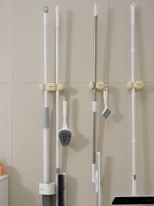 Broom Mop Holder Wall Mounted Free Punching Self-adhesive Mop Storage Hook Mop Clip Anti-Slip Multi-Use Mop Grippers for Home Bathroom Garden Mop Hook