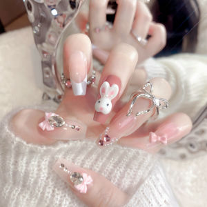 【With Glue】Ready Stock Female Mid-length Fake Nail Cute Rabbit Bow Artificial Nail for Women and Girl Party Activity
