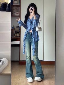 สูง เอว ขยาย สลิมฟิต Bootcut เดนิม กางเกงยีนส์ ผู้หญิง ฤดูกาลสูง 175 Blue Micro Flared กางเกงยีนส์ สูง เอว ยาว กางเกงยีนส์