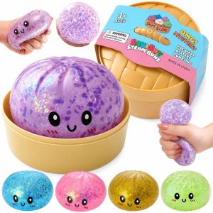 Dumpling Squishy Mystery Box Glitter Dumpling with Crystal Bead Filling Colorful Stress Balls Fidget Sensory Toy Stretchy Squeeze Toys with Steamer Box Random 1 pc