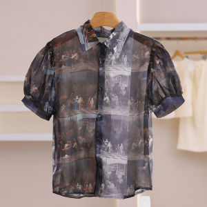 Vintage Oil Painting Print Thin Sheer Short Sleeve Shirt