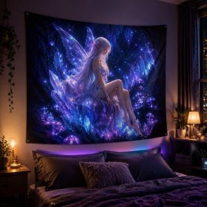 VIKAMA Galaxy Nàng Tiên Cá Anime Blacklight Neon Tấm Thảm Chống Nước Treo Tường Cho Phòng Ngủ Ký Túc Xá Phòng Chơi Game Trang Trí Phòng