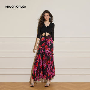 Spring and Summer New Style Print V-neck Flounced Hem Fish Tail Dress