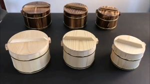 ถังข้าวไม้สำหรับเทข้าว ถังข้าวไม้ สแตนเลสด้านข้างสามารถแช่น้ำ ถังไม้ข้าว เก็บความร้อน ทรงกลมพร้อมฝา ชามผสมซูชิ ญี่ปุ่น