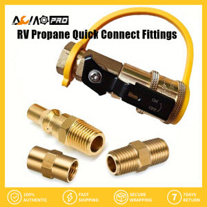 AumoPro RV Propane Quick Connect Fittings Adapter Valve for Campers 3/8” Flare X 1/4” NPT Male Pipe Half-Union Fitting To Heater Appliance Plug with 3/8” Female Flare Assembly Kit Convert Gas BBQ Grill